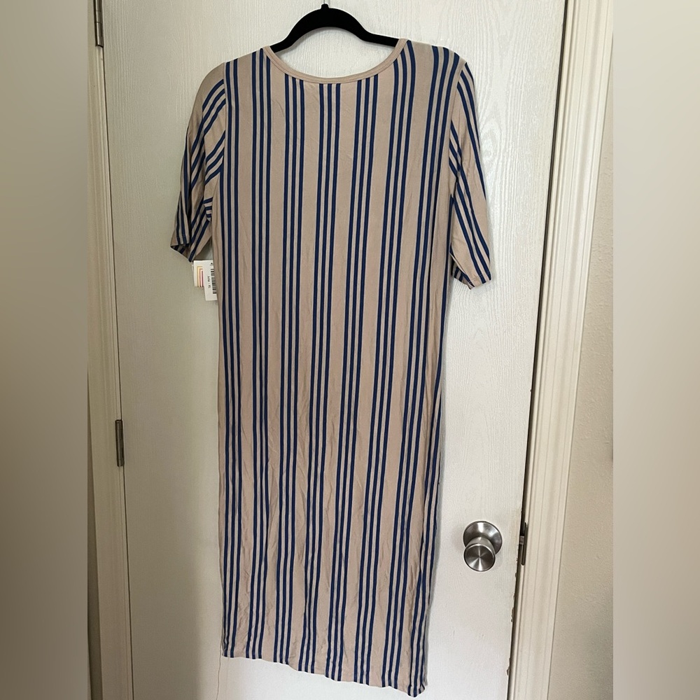 NWT Lularoe Julia dress size xl. Tan and blue vertical stripes